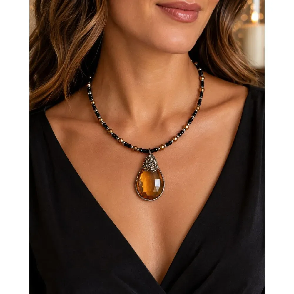 # OOAK Handmade Amber Gold Teardrop Pendant Necklace Black Bronze Beaded Stateme